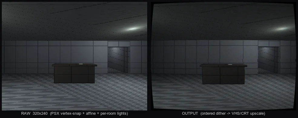Left: the raw 320x240 PSX render. Right: the same frame after dither + VHS/CRT post.